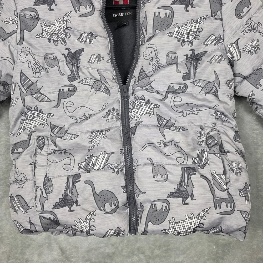 Kids SwissTech Dinosaur Puffer Jacket Hooded‎ Sherpa Lined Gray 5T